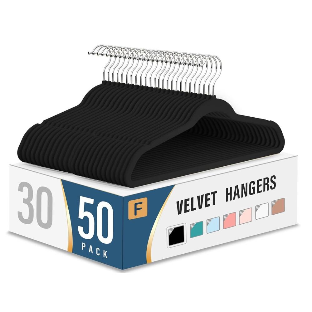 Velvet Clothes Hangers (50 Pack) Heavy Duty Durable Black/Silver